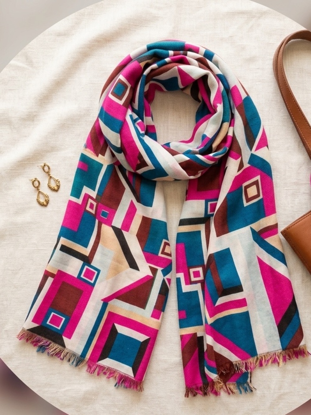 Bold Colorblock Pattern Scarf with Fringe